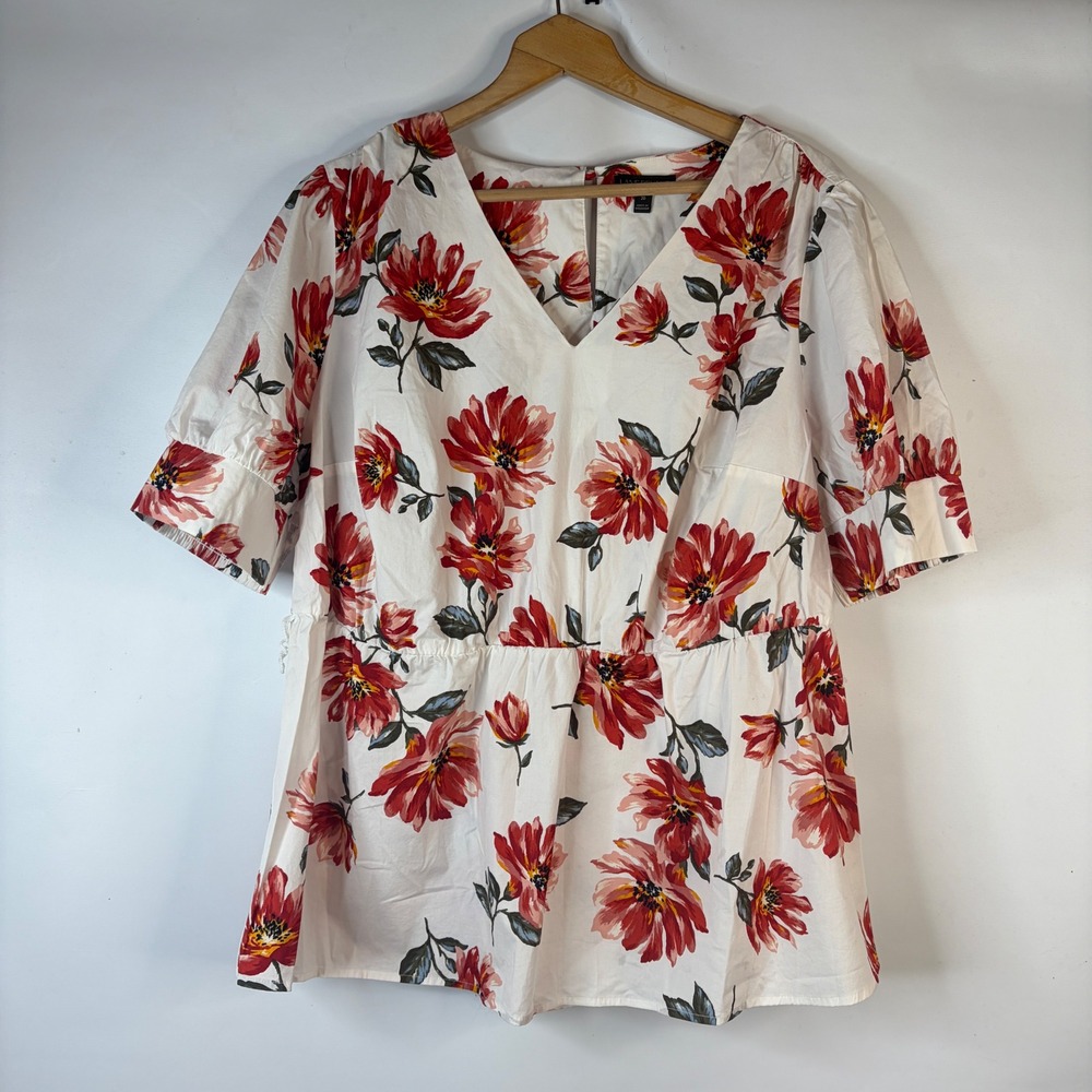 Lane Bryant Peplum Top Women 20 White Red Floral V-Neck Puff Sleeve Cotton